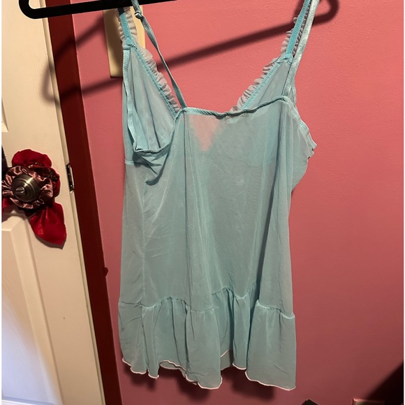 Light blue turquoise lingerie dress/top with ruffle straps and pink flowers - Picture 2 of 3